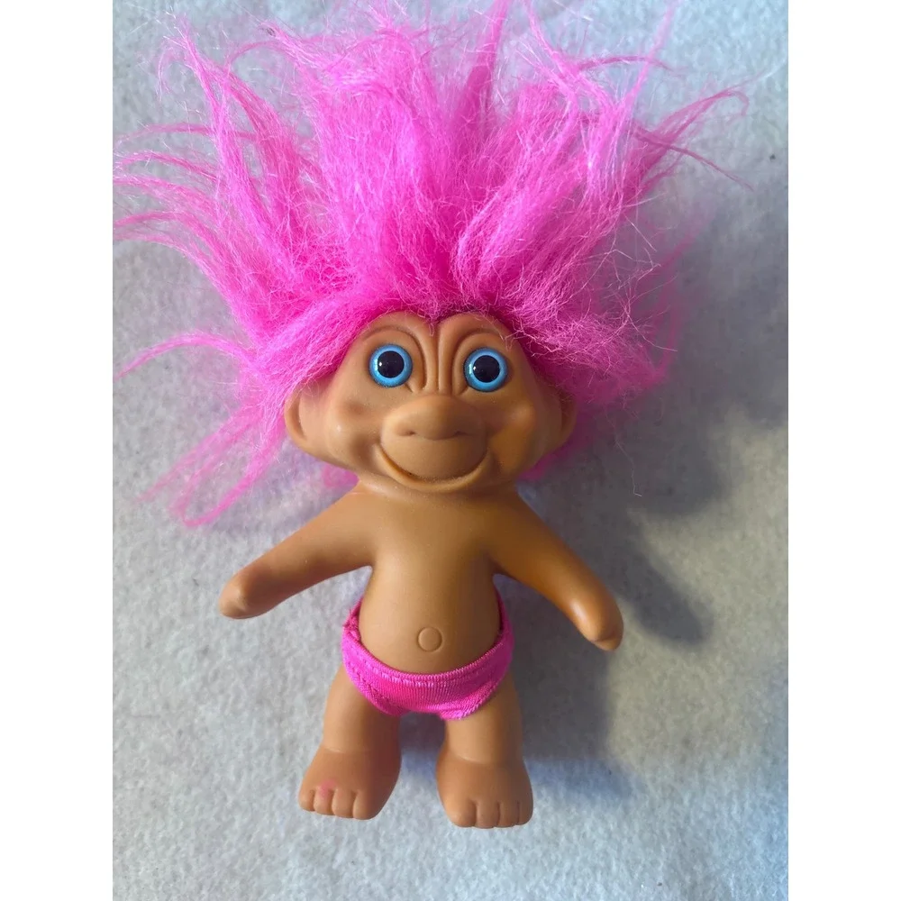 Vintage 1991 T N T Troll Doll Pink Fuzzy Hair Blue Eyes Tank Top Collectible Toy